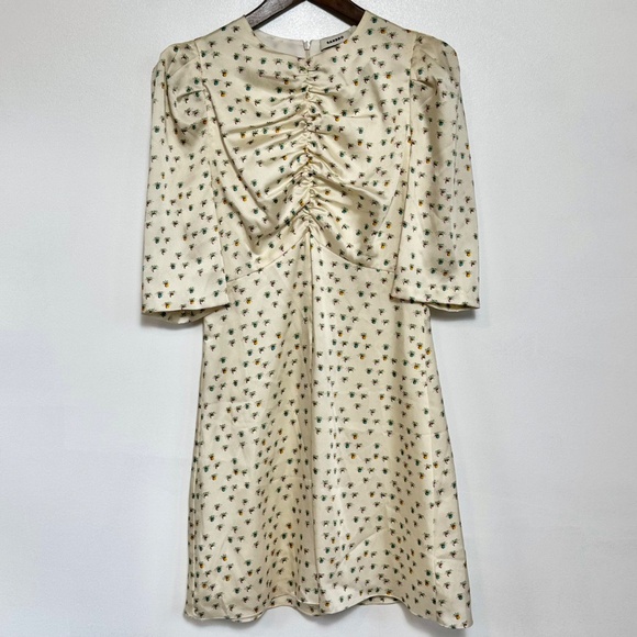 NWT SANDRO Aquarelle Short Mini Dress Fruit Print Ruching 3/4 Sleeves Off-white - Picture 4 of 14